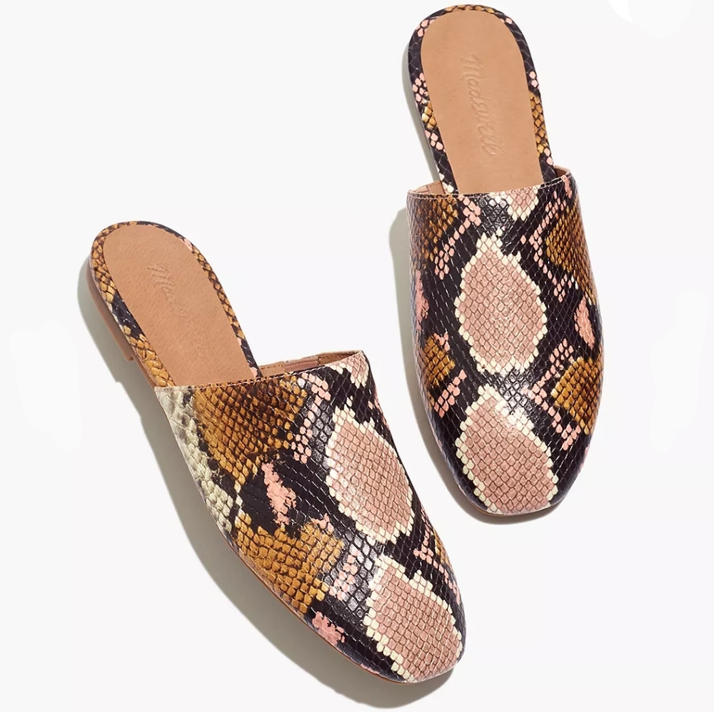 Madewell Cory Gold, Mauve & Black Snakeprint Almond Toe Leather Mules - Picture 2 of 9